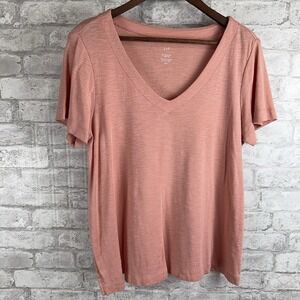 J Jill Pima Slub-Knit V-Neck Tee Luxe Coral Pink Short Slv T-Shirt Size M Petite